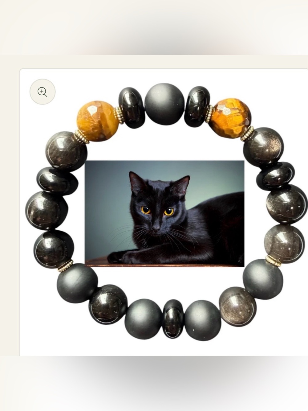 HAND MADE Natural Stone 7” Stretch Bracelet in onyx, jade, & obsidian BLACK CAT